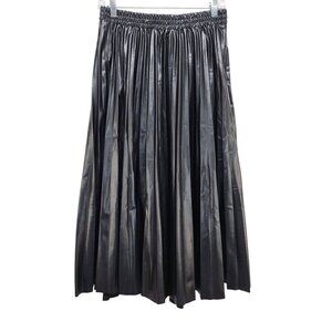 Max Studio London Black Pleated Faux Leather Midi Skirt Elastic Waist Size M